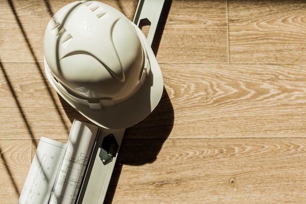 Hardhat on wooden floor