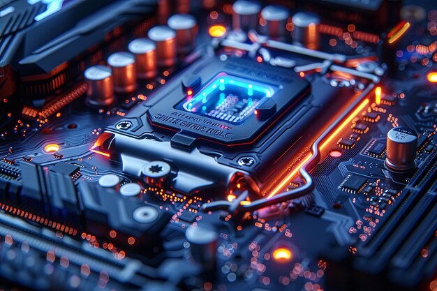 Foto hardware-chip geïsoleerd op zwarte achtergrond elektrische printplaat rendering abstracte computer neon-geïnfuseerde digitalisme generatieve ai