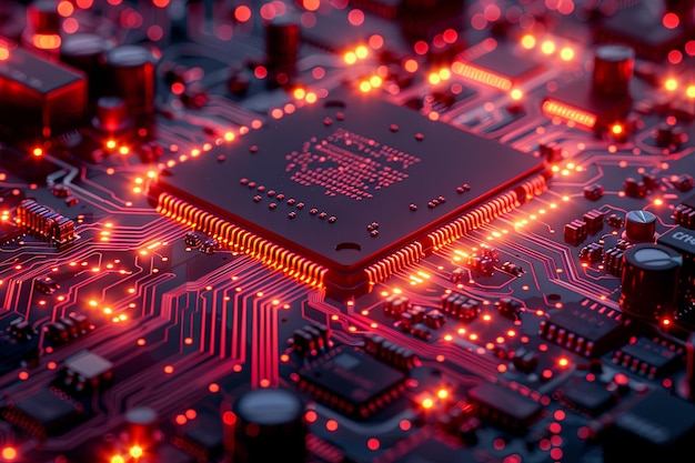 黒い背景の電気回路板に隔離されたハードウェアチップ 抽象的なコンピュータネオンレンダリング
