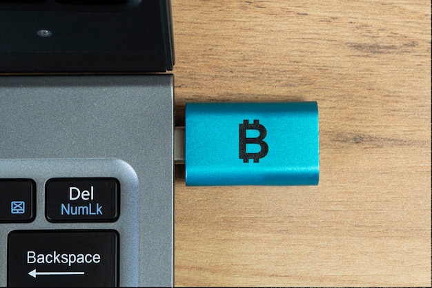 Hardware Wallet for cryptocurrency connected to laptop cold way to store cryptocurrencies on portable carrier is a way to protect savings Secure offline Bitcoin wallet on flash drive