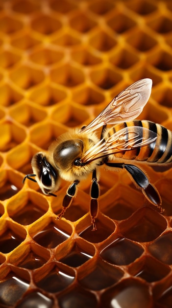 Hardwerkende bij op met honing gevulde cellen met kopieerruimte