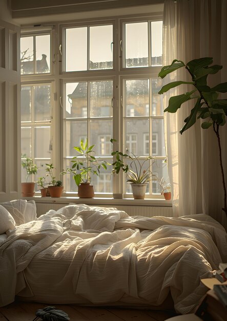 A hardwood bed is placed by a window with potted plants on the sill