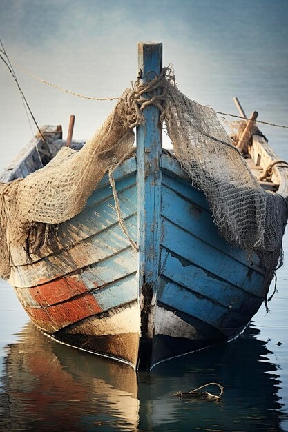 Photo hardwood fishing boat with stern ropes