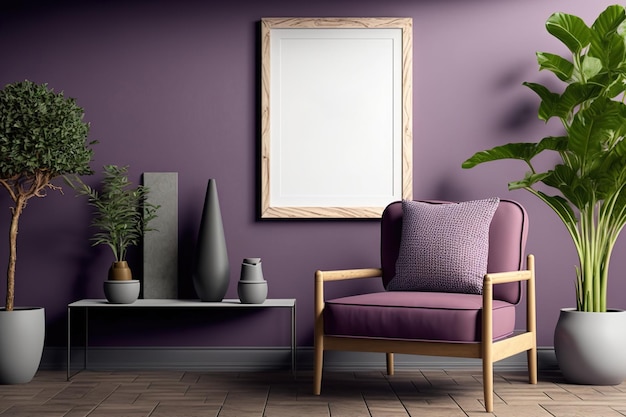 Hardwood frame mockup closeup of a cozy purpletoned living room with lounge furniture a rattan toilet and a potted plant herringbone floor Nordic modernism