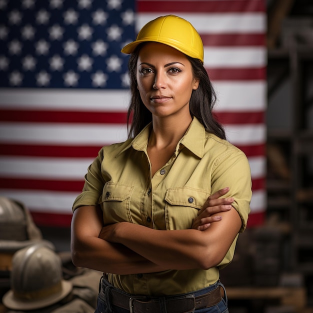 Foto donna americana laboriosa bandiera americana