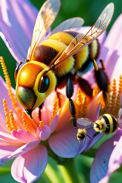 勤勉なミツバチは花びらに蜜を集めますミツバチは花びらの壁紙の背景が大好きです