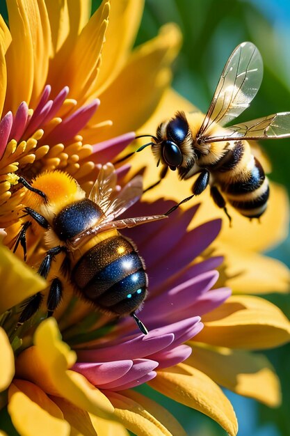 Hardworking bees collect nectar on flower petals bees love flowers petals wallpaper background