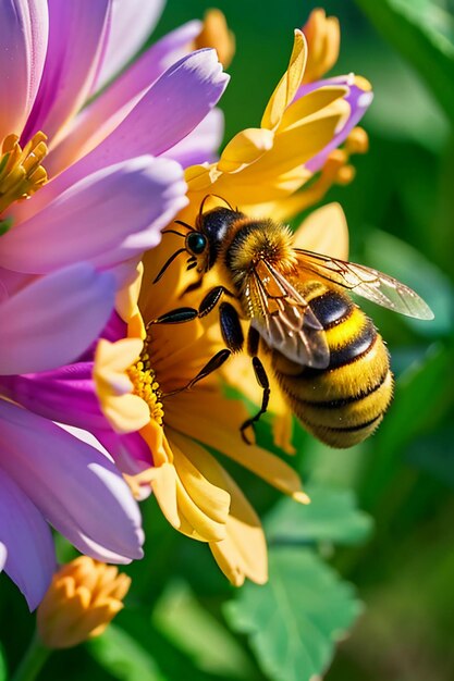 Hardworking bees collect nectar on flower petals bees love flowers petals wallpaper background