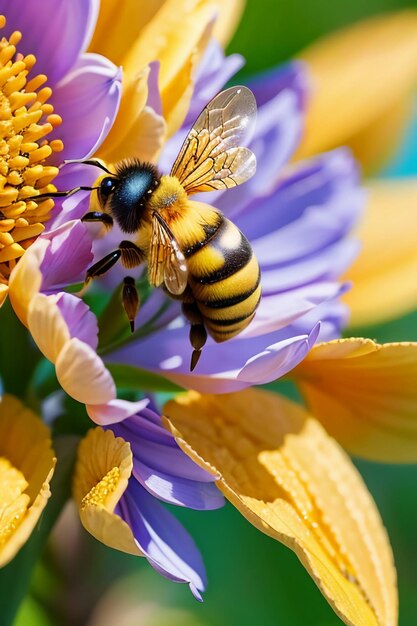 Hardworking bees collect nectar on flower petals bees love flowers petals wallpaper background