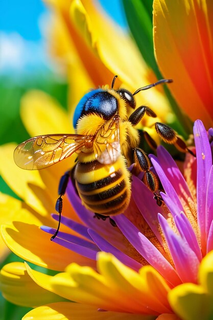 Hardworking bees collect nectar on flower petals bees love flowers petals wallpaper background