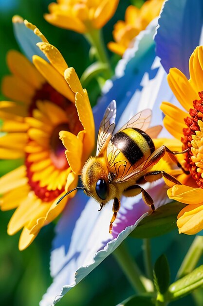 Hardworking bees collect nectar on flower petals bees love flowers petals wallpaper background