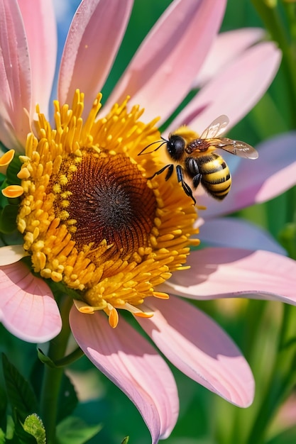 Hardworking bees collect nectar on flower petals bees love flowers petals wallpaper background