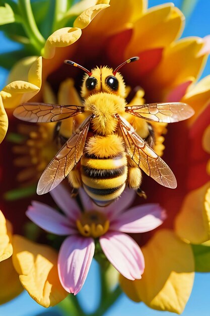 열심히 일하는 꿀벌은 꽃잎에 꿀을 수집합니다. 꿀벌은 꽃 꽃잎 바탕 화면 배경을 좋아합니다.