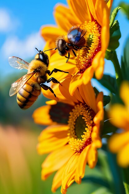 Hardworking bees collect nectar on flower petals bees love flowers petals wallpaper background