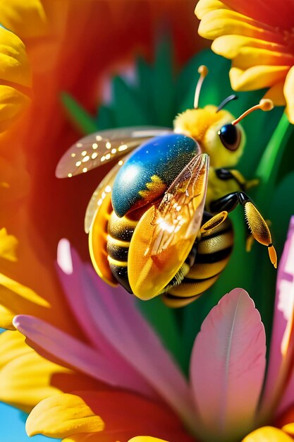 Hardworking bees collect nectar on flower petals bees love flowers petals wallpaper background