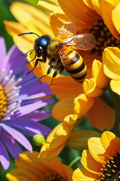 Hardworking bees collect nectar on flower petals bees love flowers petals wallpaper background