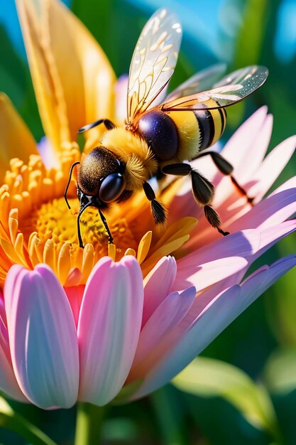 Hardworking bees collect nectar on flower petals bees love flowers petals wallpaper background