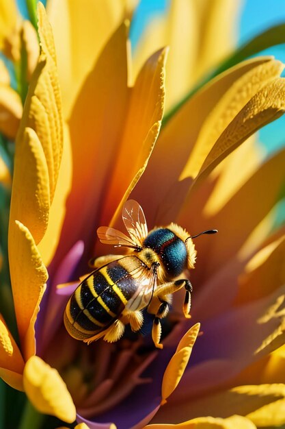 Hardworking bees collect nectar on flower petals bees love flowers petals wallpaper background