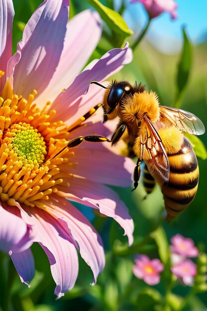 Hardworking bees collect nectar on flower petals bees love flowers petals wallpaper background