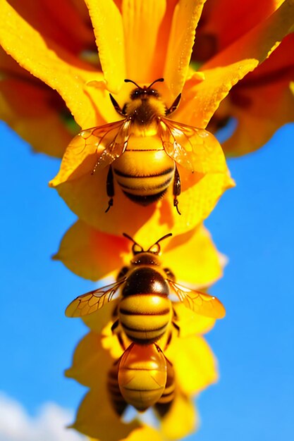 Hardworking bees collect nectar on flower petals bees love flowers petals wallpaper background