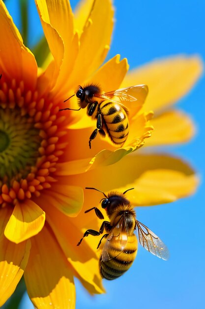 Hardworking bees collect nectar on flower petals bees love flowers petals wallpaper background