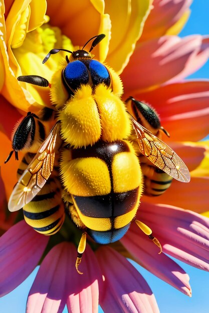 Foto le api laboriose raccolgono il nettare sui petali dei fiori le api amano i petali dei fiori sullo sfondo della carta da parati