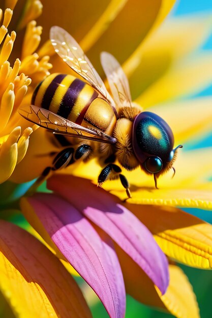 Hardworking bees collect nectar on flower petals bees love flowers petals wallpaper background