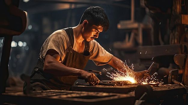 Hardworking blacksmith forging metal by firelight