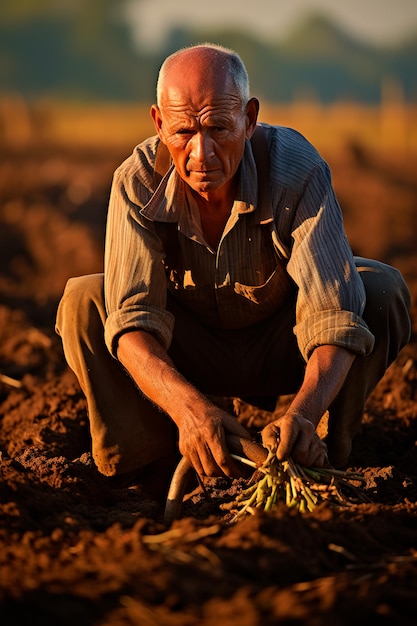 Foto un lavoratore agricolo laborioso che coltiva