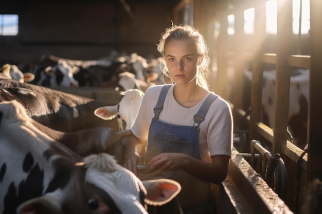 Упорно работающая девушка-фермер ухаживает за коровами на молочной ферме