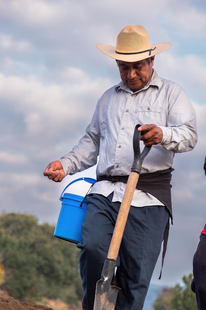 豆栽培のために土地を耕す勤勉な手メキシコの農民