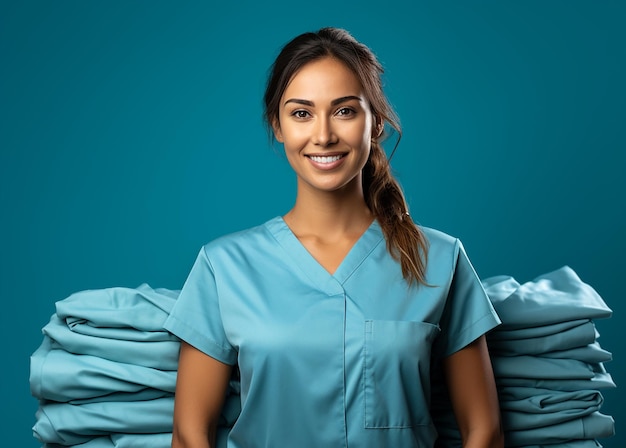 Photo hardworking laundry worker on solid blue background