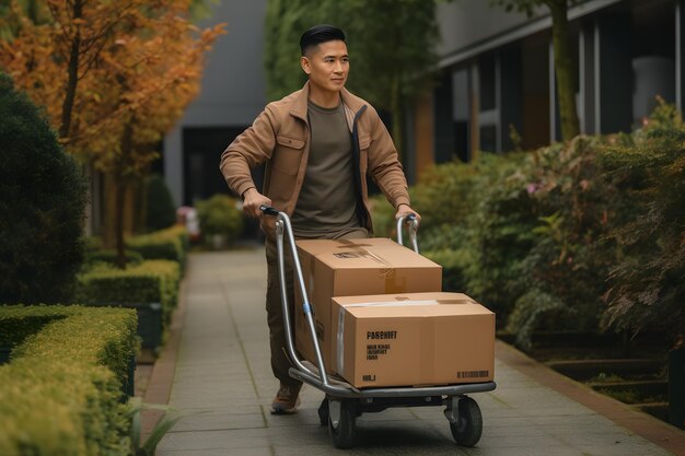 Hardworking man transporting boxes on a trolley along the pavement in the city generative ai