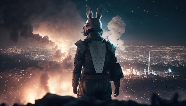 A hare in armor stands on top of a mountain Generative AI