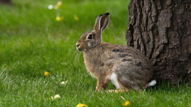 Hare bunny and tree spring natural background with animal