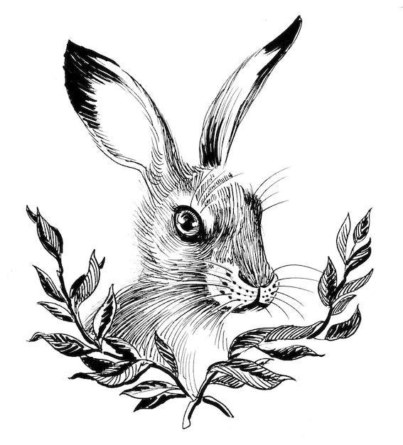 Hare hiding in bushes. Ink black and white drawing