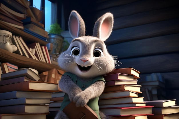 The hare is standing in the library with books