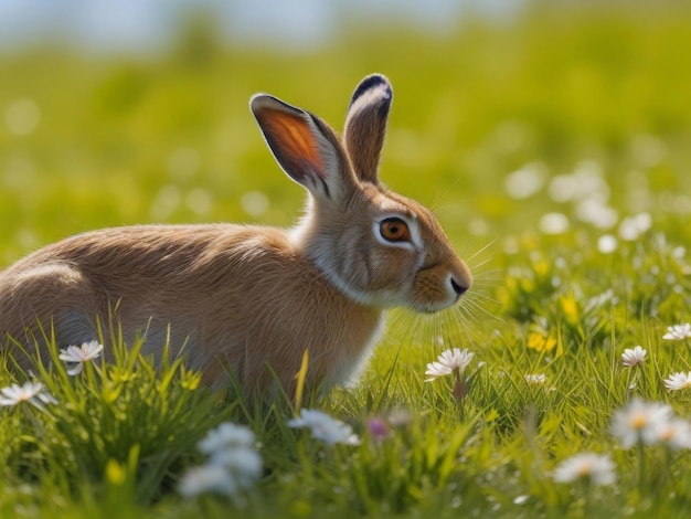 Заяц или кролик в поле среди ромашковых цветов и травы Кролик в солнечный день