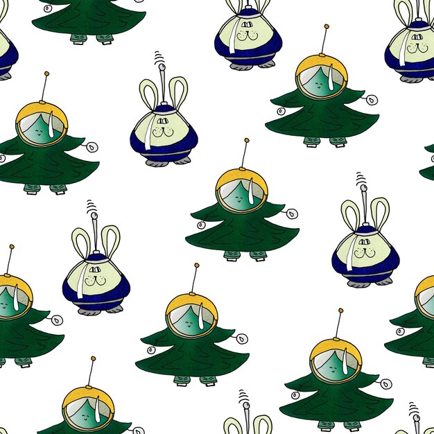 Hare and spruce in a space suit watercolor seamless pattern