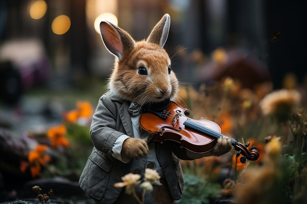 Foto in un giubbotto di lepre e papillon suona il violino nel parco