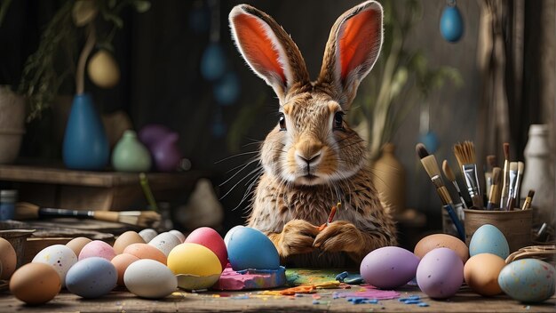 Заяц с кистью, покрытой краской, рисует пасхальные яйца.