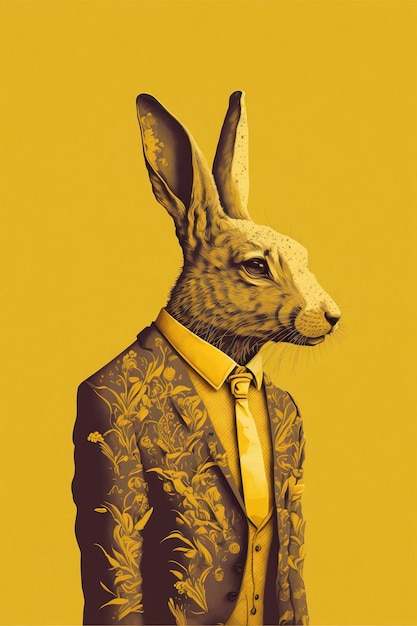 Hare with suit and yellow tie on yellow background created using generative ai technology