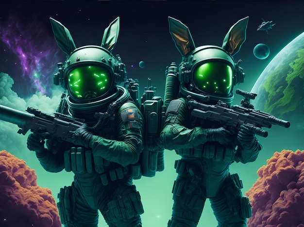 Hares astronauts with weapons on an alien planet generated by AI