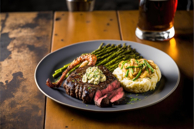 Ribeye alla griglia con purè di patate, asparagi e un bicchiere di vino rosso generative ai