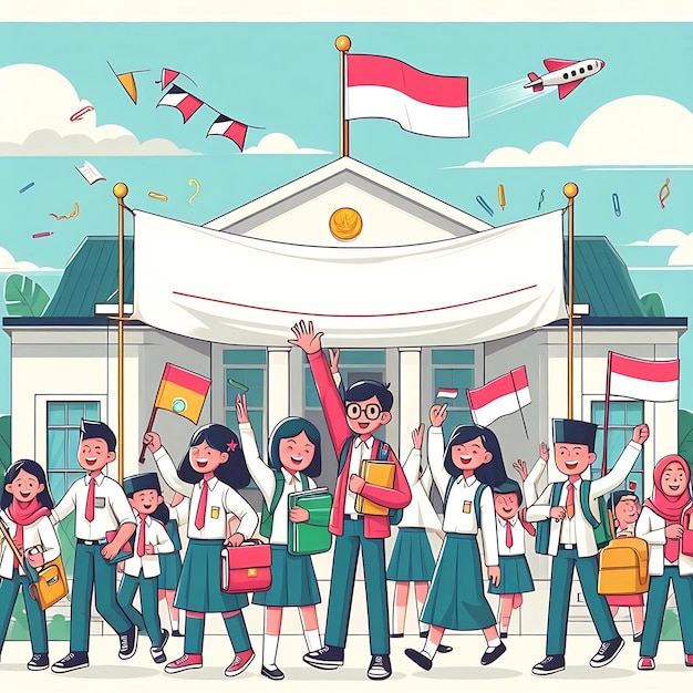 hari pendidikan nasional a cartoon drawing of people holding flags and a kite with