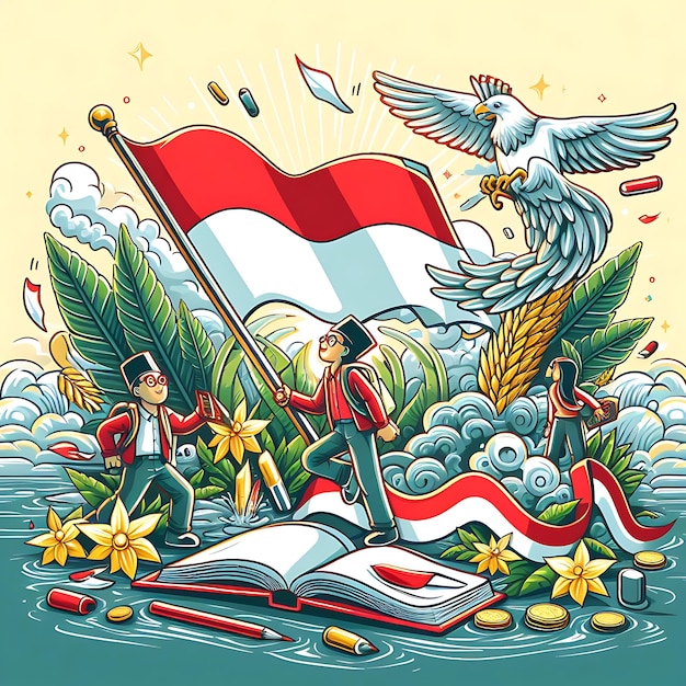 hari pendidikan nasional a painting of people with a flag and a bird flying above them