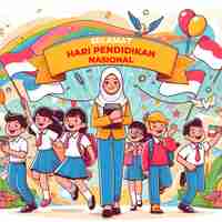 Photo hari pendidikan nasional poster of a woman with school children