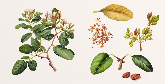 Harida (Terminalia Chebula). Botanische illustratie op wit papier. De beste geneeskrachtige planten.