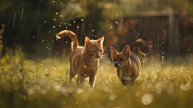 harige vrienden rode kat en corgi hond lopen in een zomer weide onder de druppels van wa generatieve AI