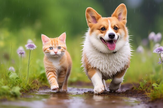 Harige vrienden rode kat en corgi hond lopen in een zomerweide onder de druppels warme regen